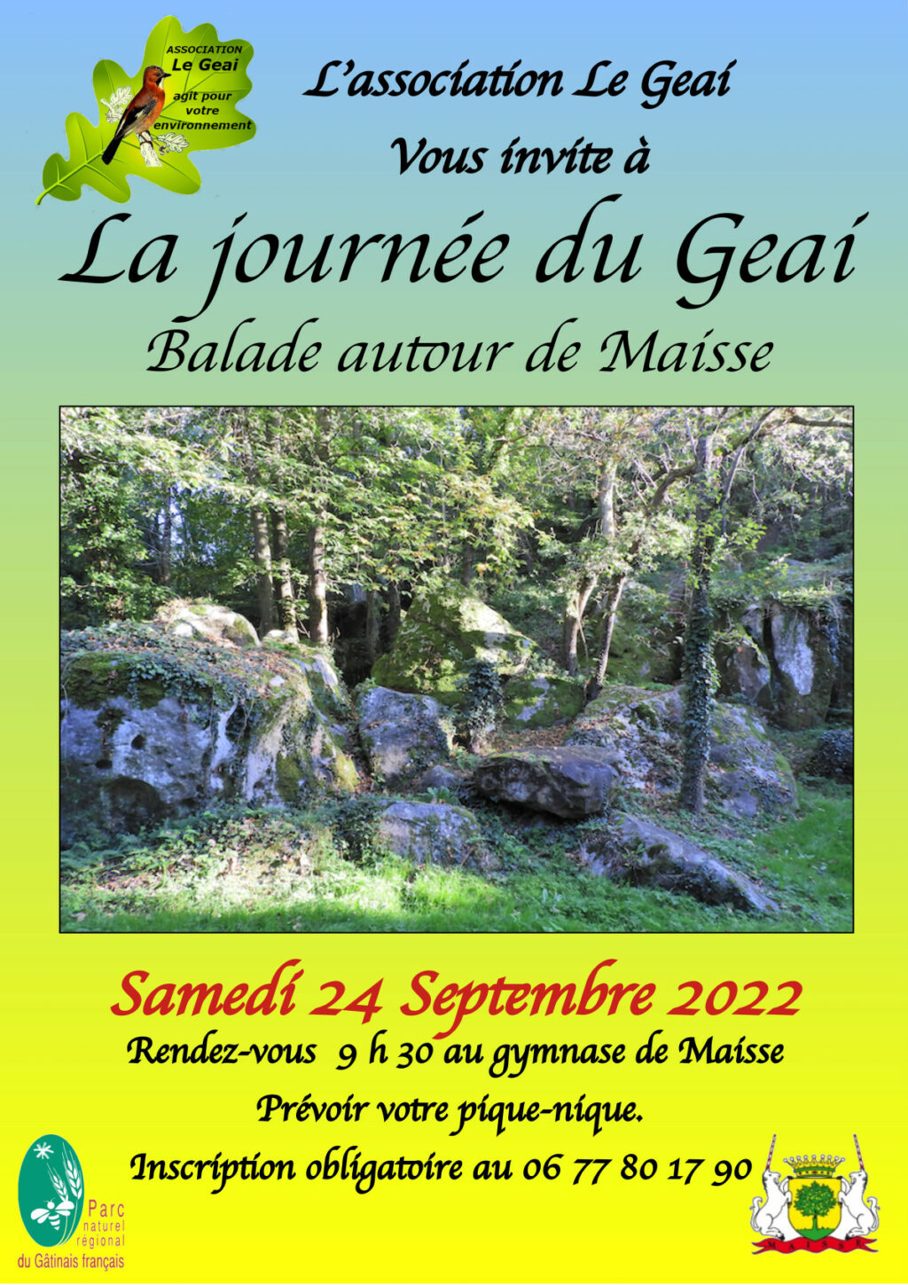 Affiche de la Journée du Geai : balade autour de Maisse le 24 septembre 2022.