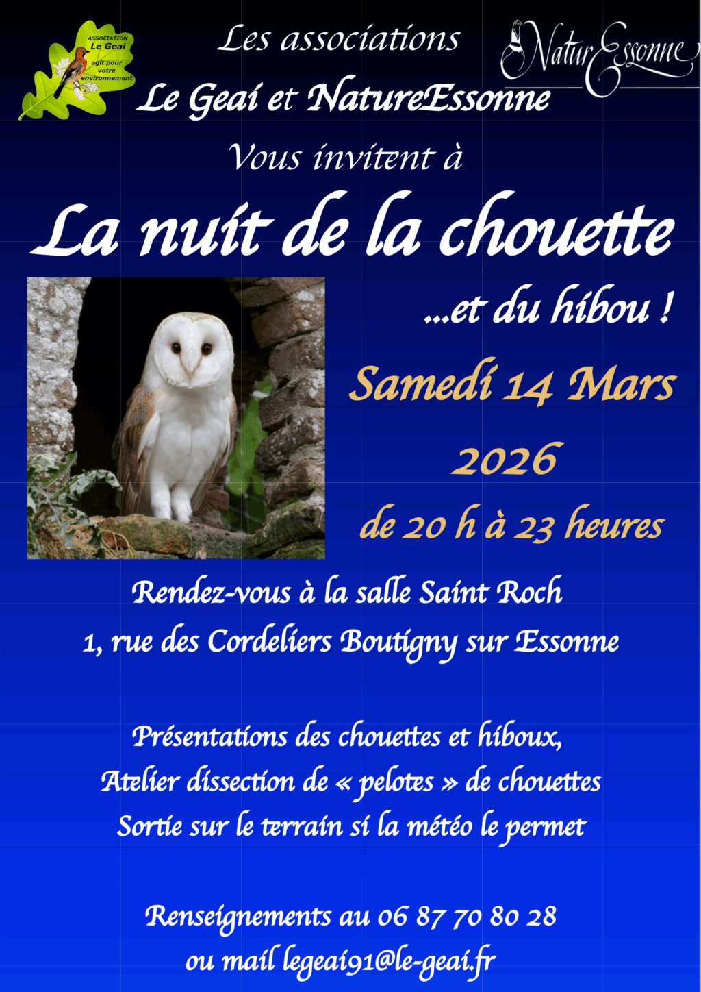 Affiche "Nuit de la chouette et du hibou' le 14 mars 2026 à Boutigny